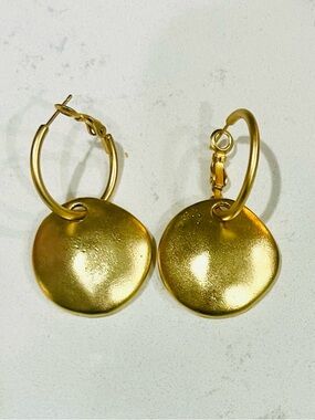 Vintage 1990s Matte Gold Disc Hoop Earrings Minimalist Designer Style
